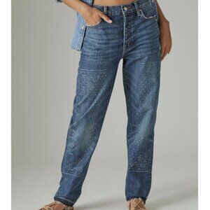 Lucky Legend Drew Mom High Rise Taper Jeans 00/24, Paisley Design, Raw Hem